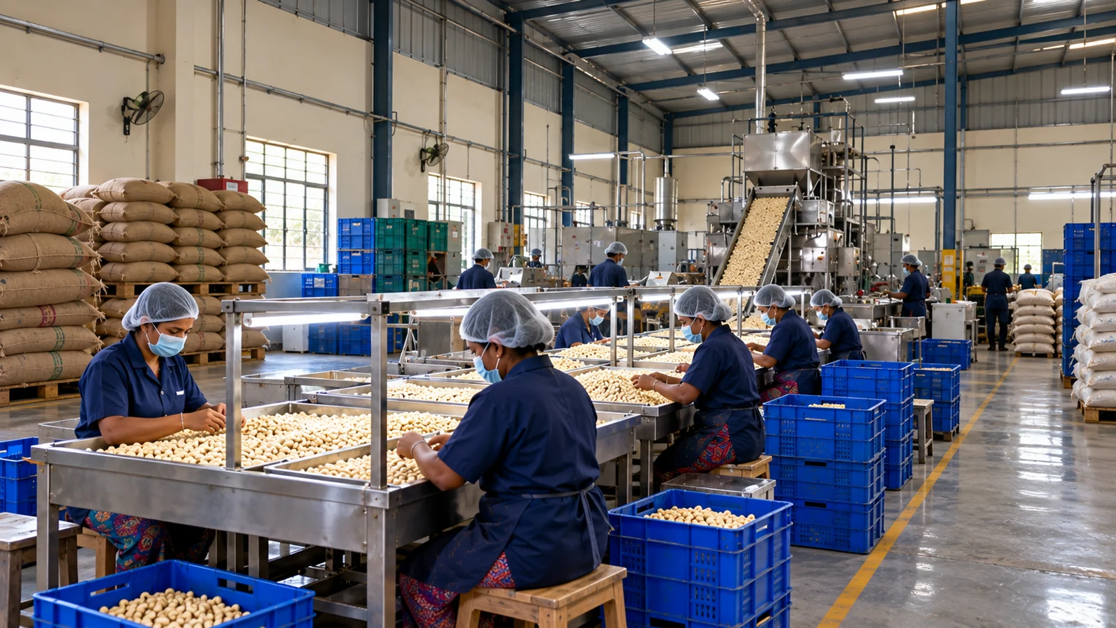 People sorting cashews at tables inside M S Cashews in Kollam