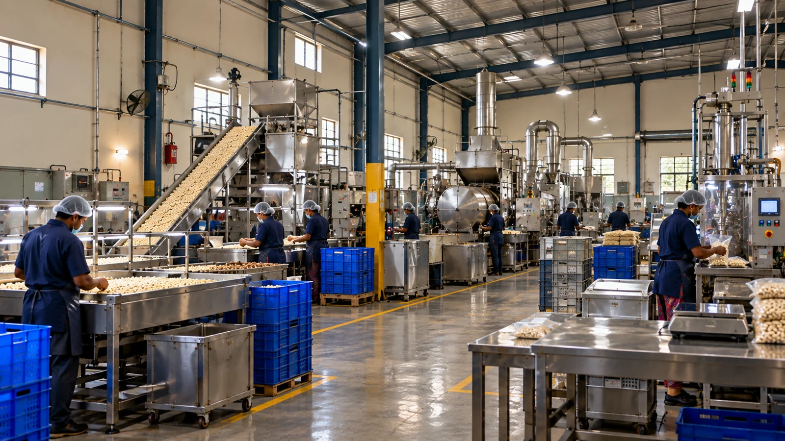 Cashew equipment and blue storage crates inside M S Cashews, Kannanalloor