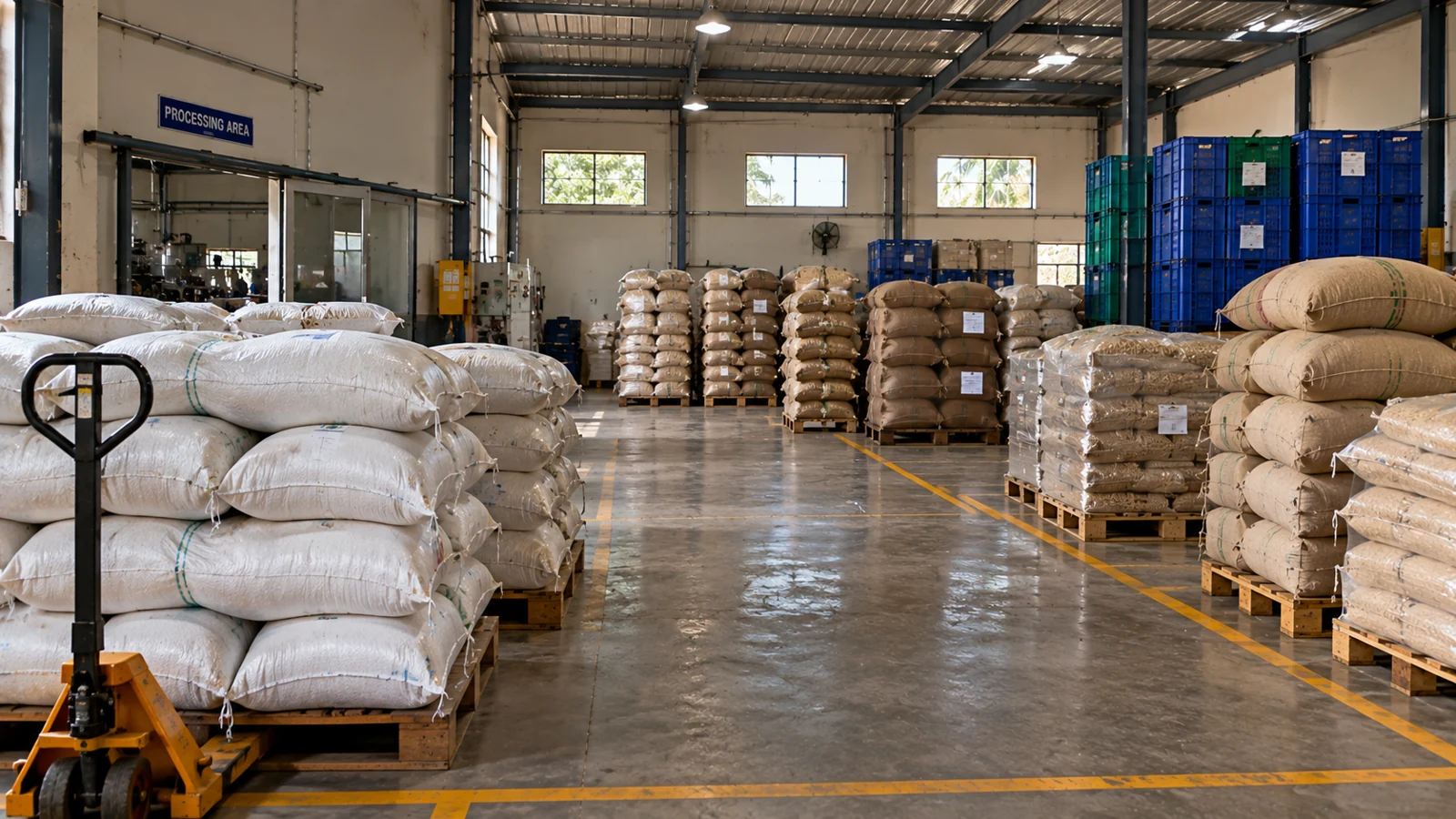 M S Cashews stockroom with stacked sacks, storage crates and a pallet truck